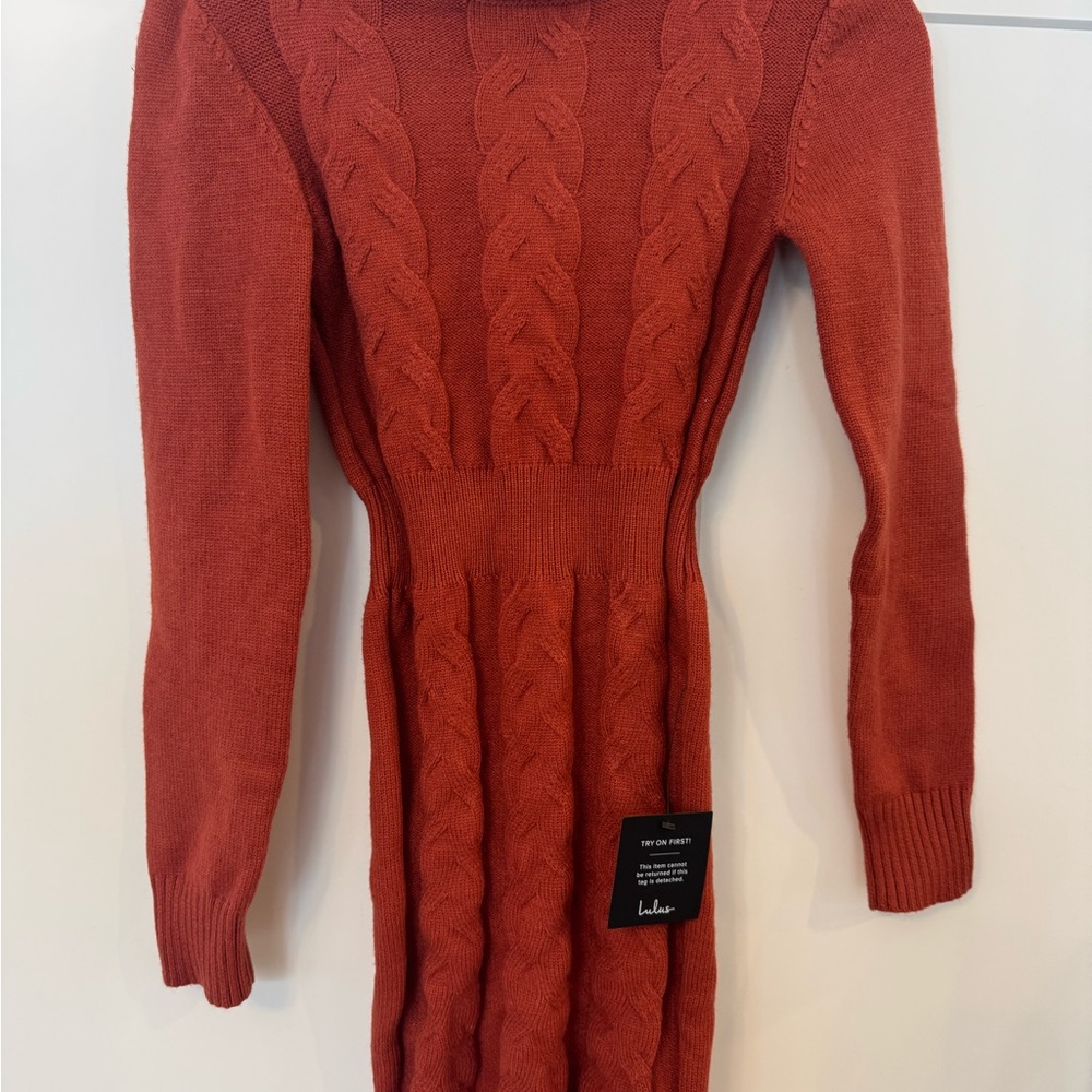 Lulus NWT Plush Poise Burnt Orange Cable Knit Mini Sweater Dress. Size XS.